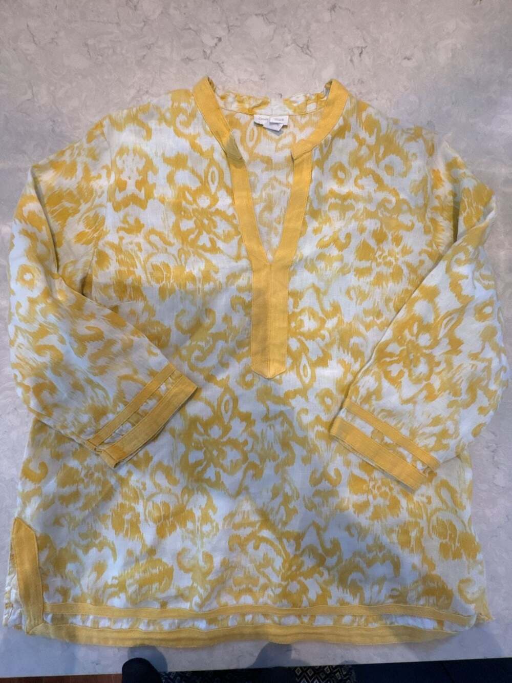 Charter Club Yellow White Ikat Print Linen Tunic Top Size M